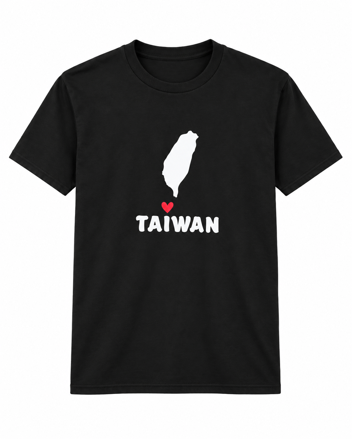 Black Gildan adult T-shirt with Love Taiwan island heart design, front view